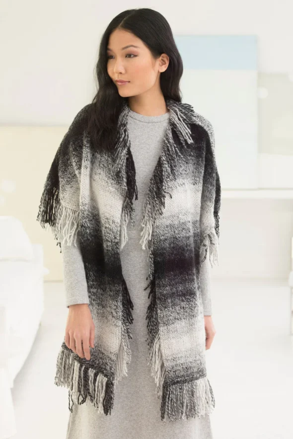Graphic Fringed Poncho with Scarfie